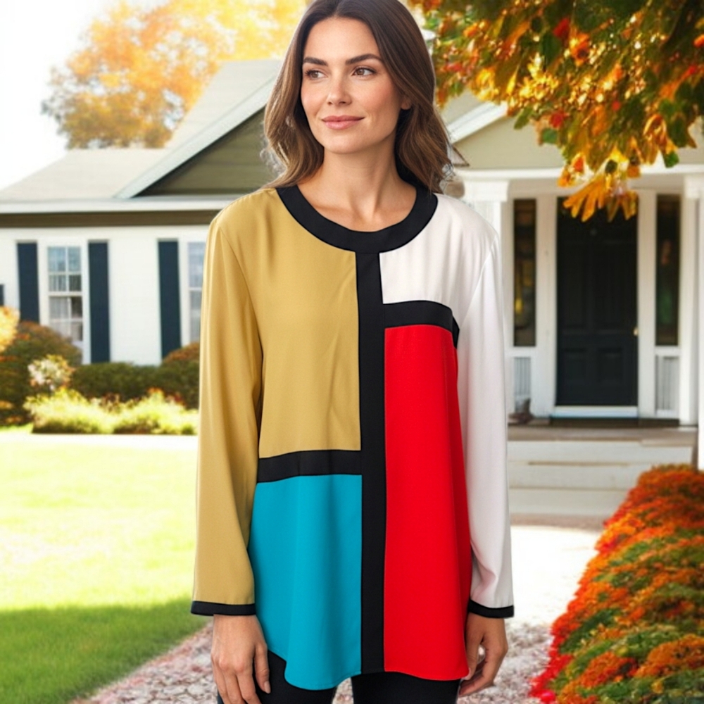 Galinda Wang‎ Colorblock Blouse 16W Plus Size Silky Office Siren Corpcore Career